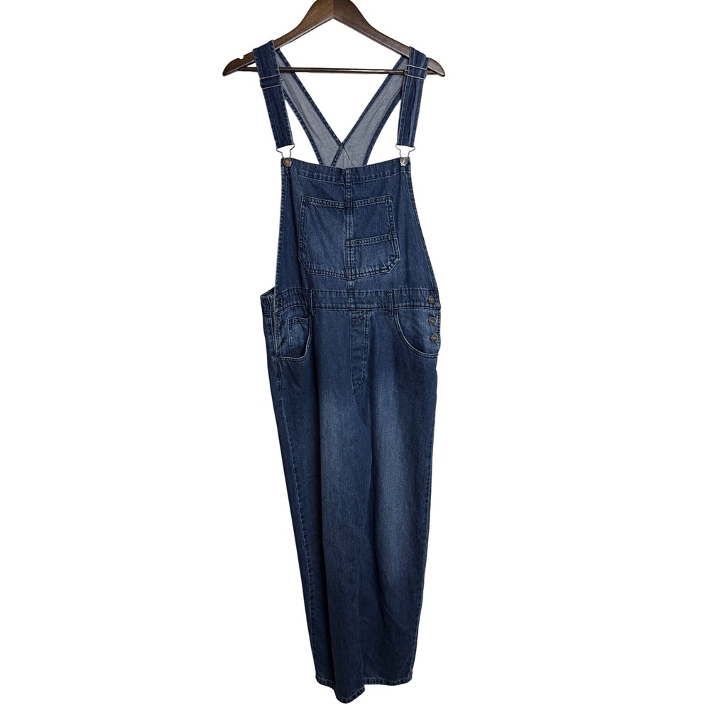 We The Free People Blue Denim Bib Overalls Size L Relaxed Straight Leg
